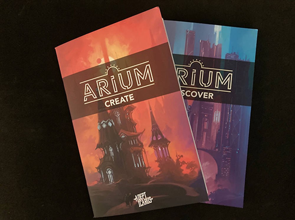 Arium gaming books displayed showing cover designs and interior spreads